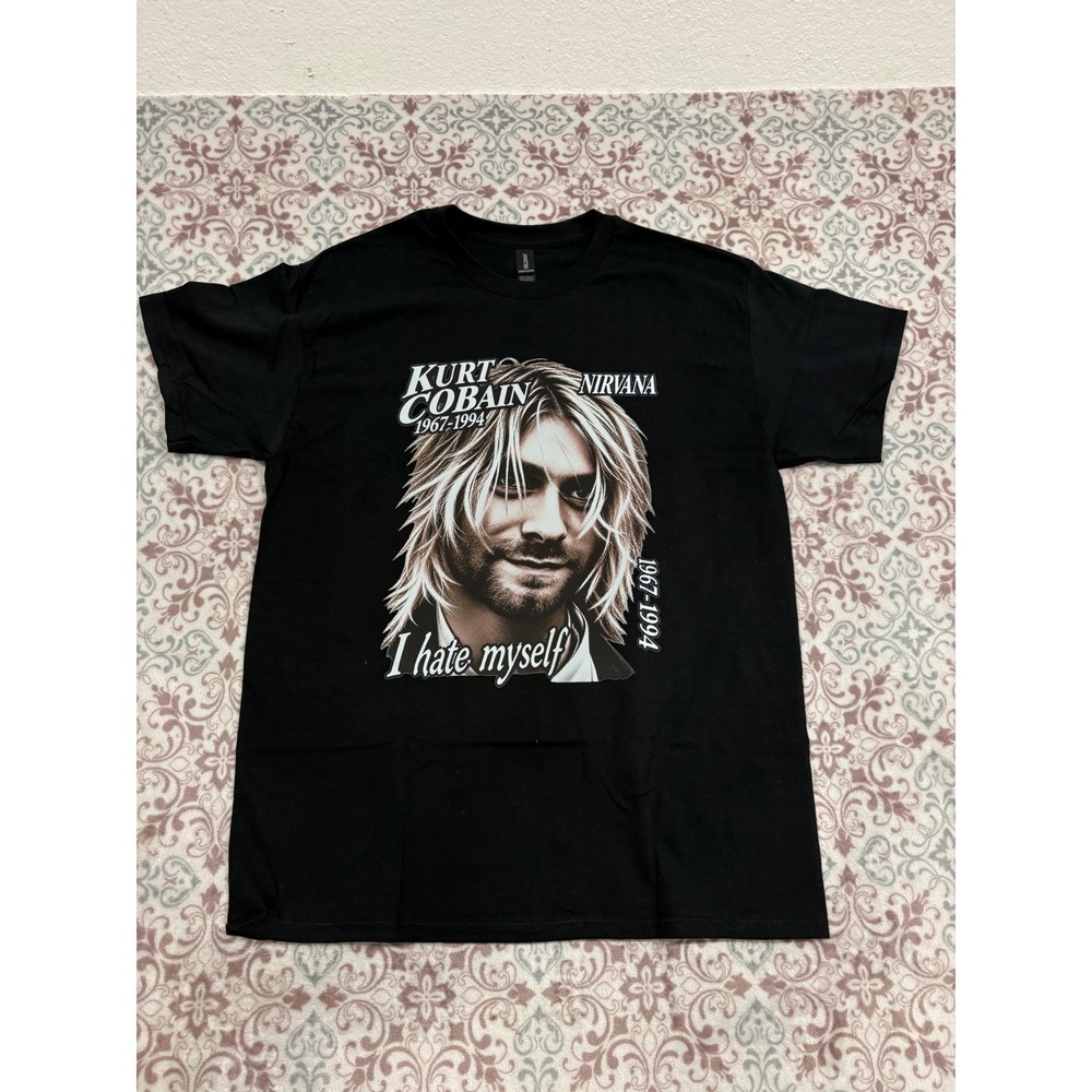 Gildan Kurt Cobain Nirvana I Hate Myself Graphic T-Shirt Black Large 1967-1994